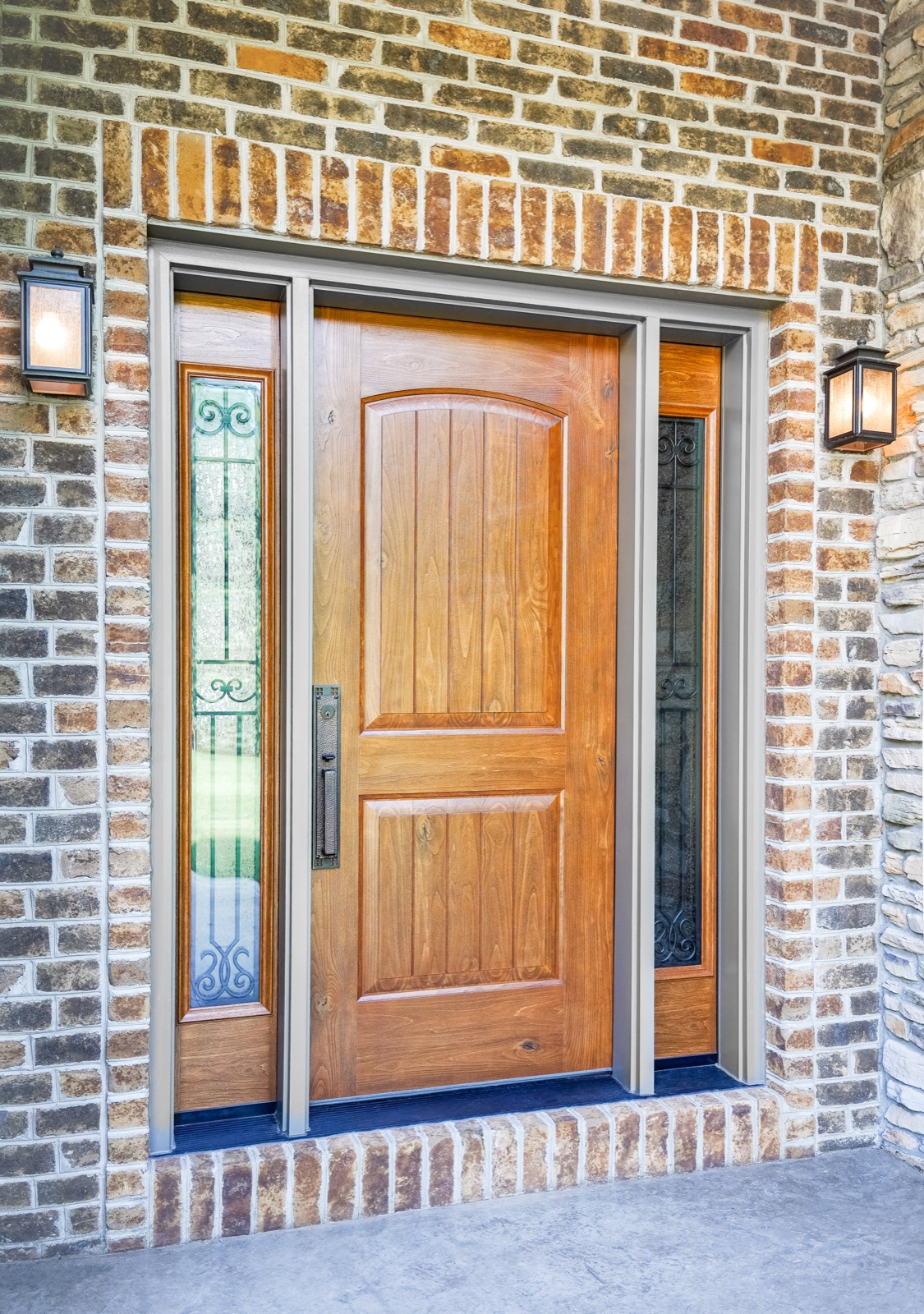 Signet Knotty Alder Panel Planks Caramel Barcelona Wrought Iron Glass exterior entry door style option