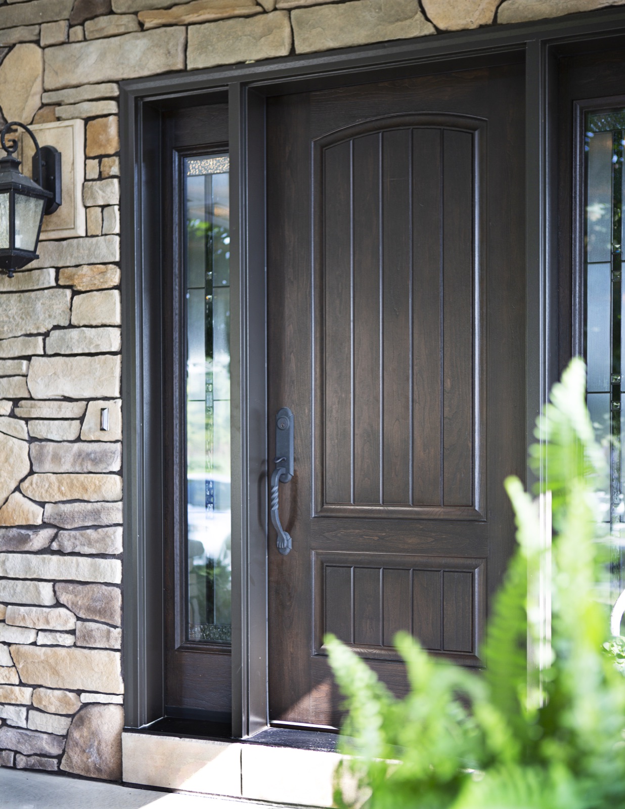 Woodgrain entry door with sidelites