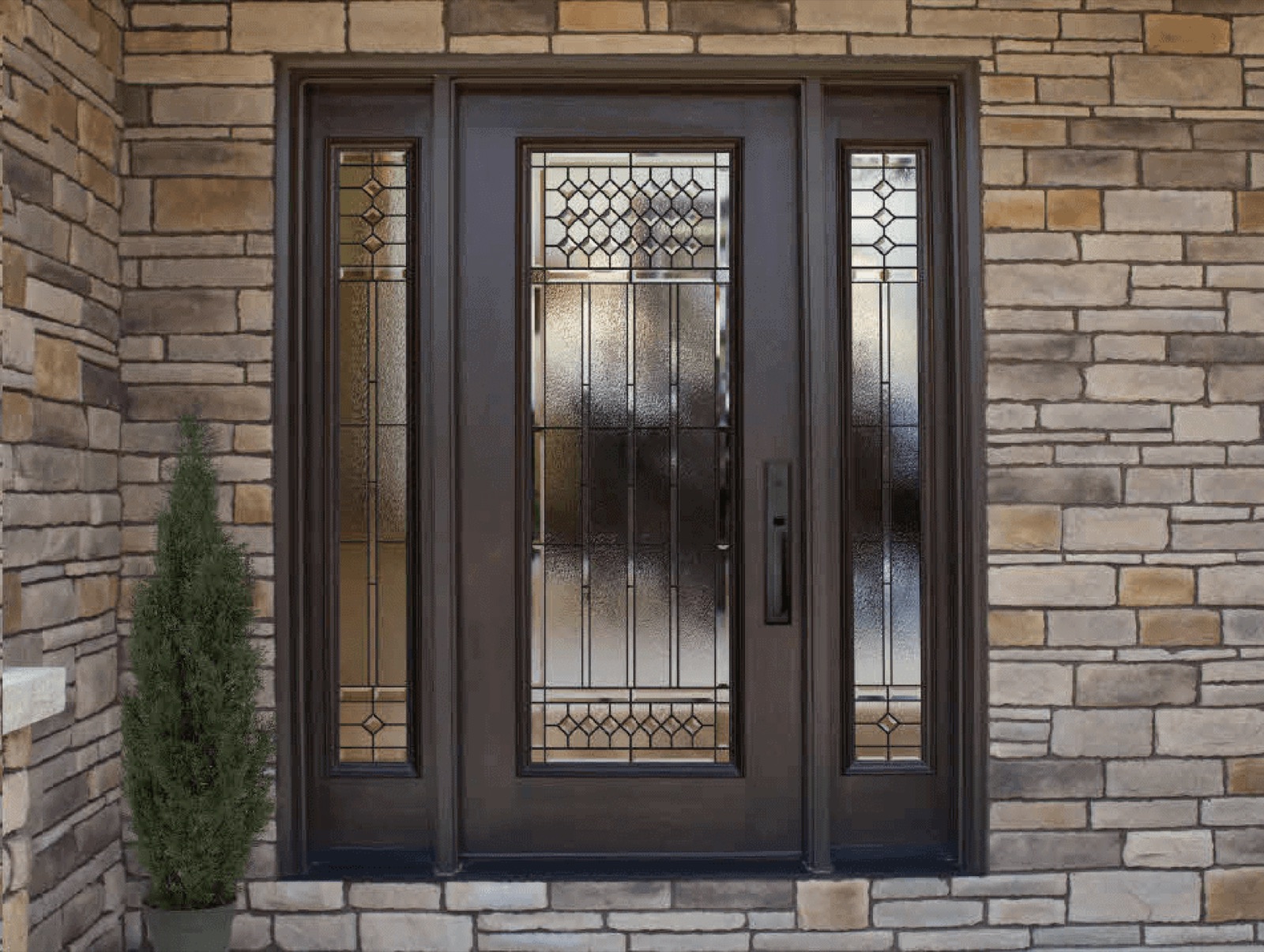 Decorative glass entry door with sidelites